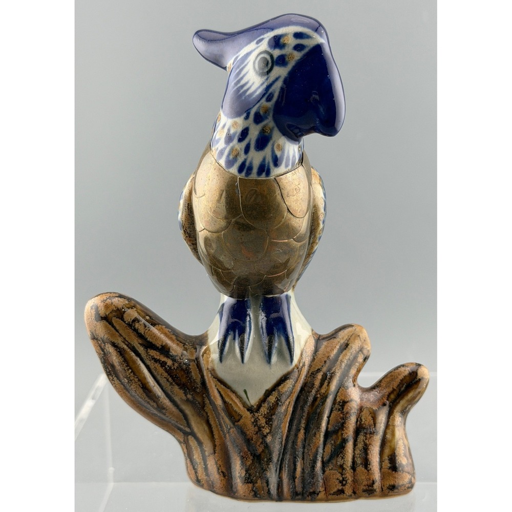 Vintage Tonala Mexico Pottery Brass Cockatiel Parrot Bird Figurine Folk Art